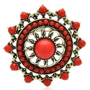 Red Sunburst Geometric Brooch Pin Bold Retro Statement Costume Jewelry